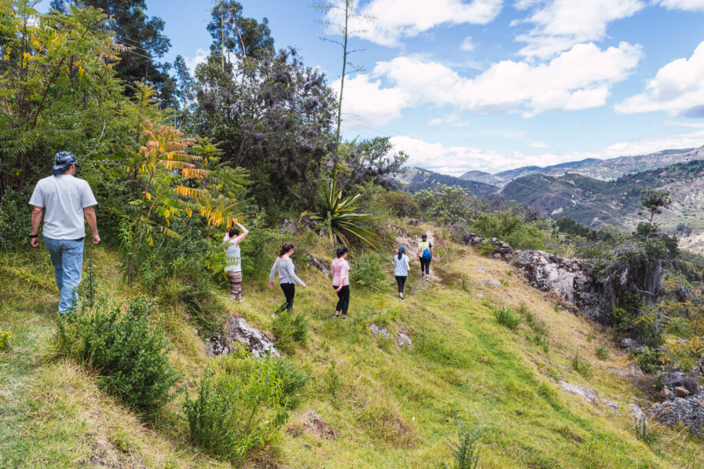 group-tourists-walking-through-narrow-path-mountain